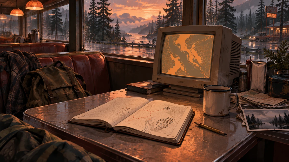 Illustrated study corner with a notebook and an old monitor in a Cascadia roadside diner